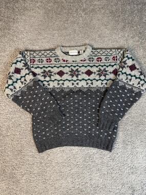 Vintage TRADITIONS Sweater Pullover Womens M Gray 100% Wool Fair Isle Chunky